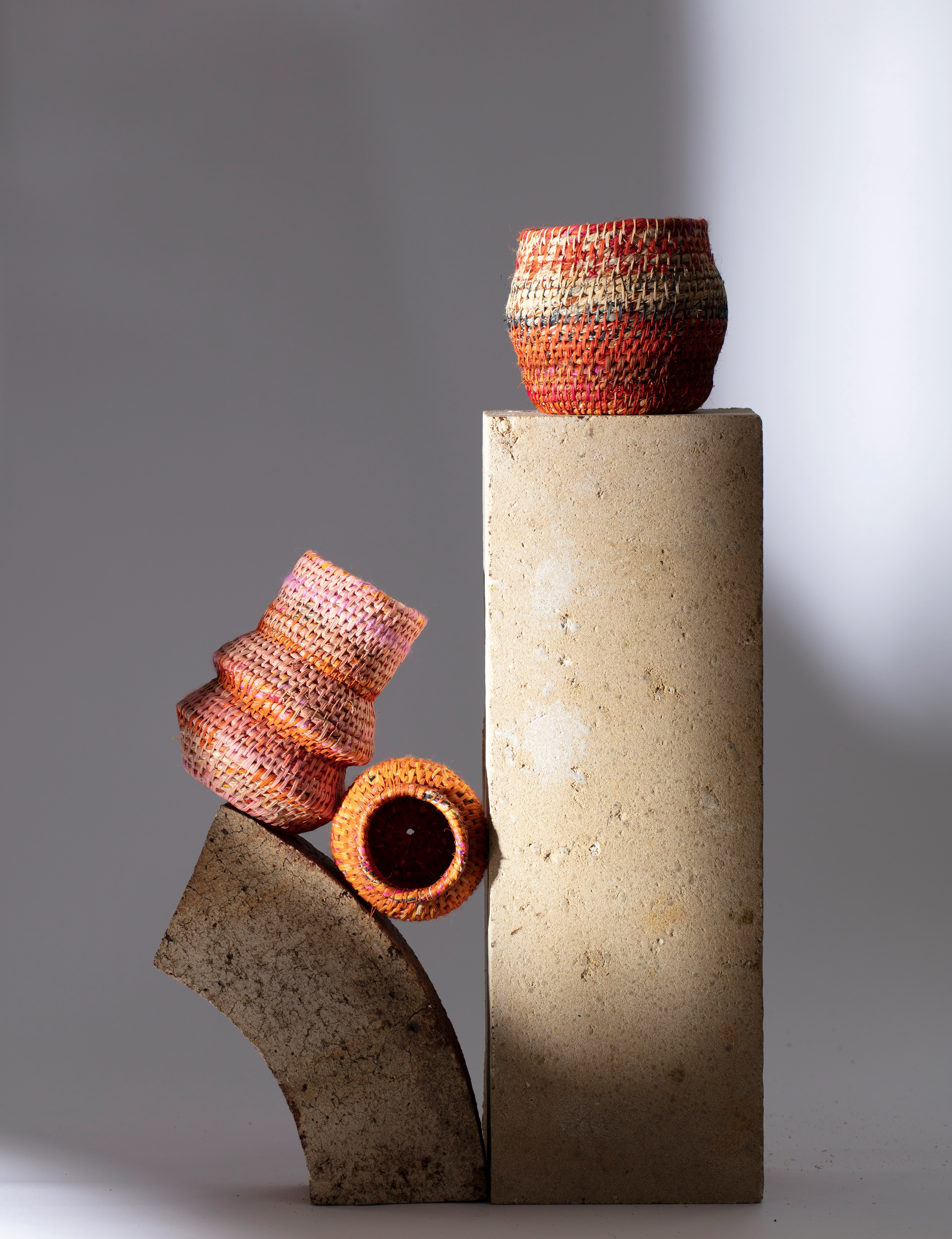 Groundwork #4, 2019. Featuring Siân Boucherd, Quartz (250x150x150mm), Ore (100x100x100mm), Shale (170x150x150mm), raw hemp, wool, sisal, hand dyed raffia.