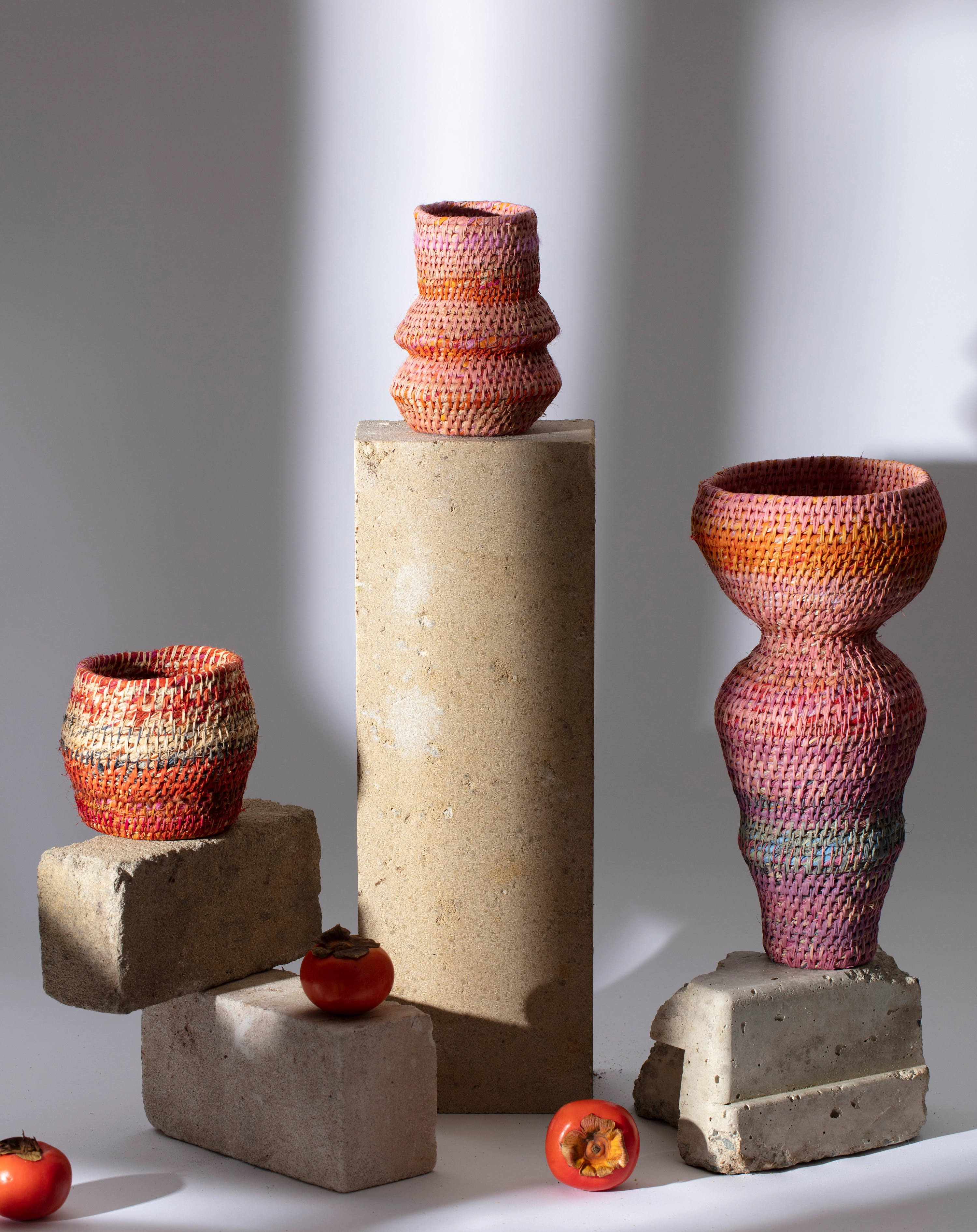 Groundwork #15, 2019. Featuring Siân Boucherd, Shale (170x150x150mm), Quartz (250x150x150mm), Clayrock (450x180x180mm), raw hemp, wool, sisal, hand dyed raffia.