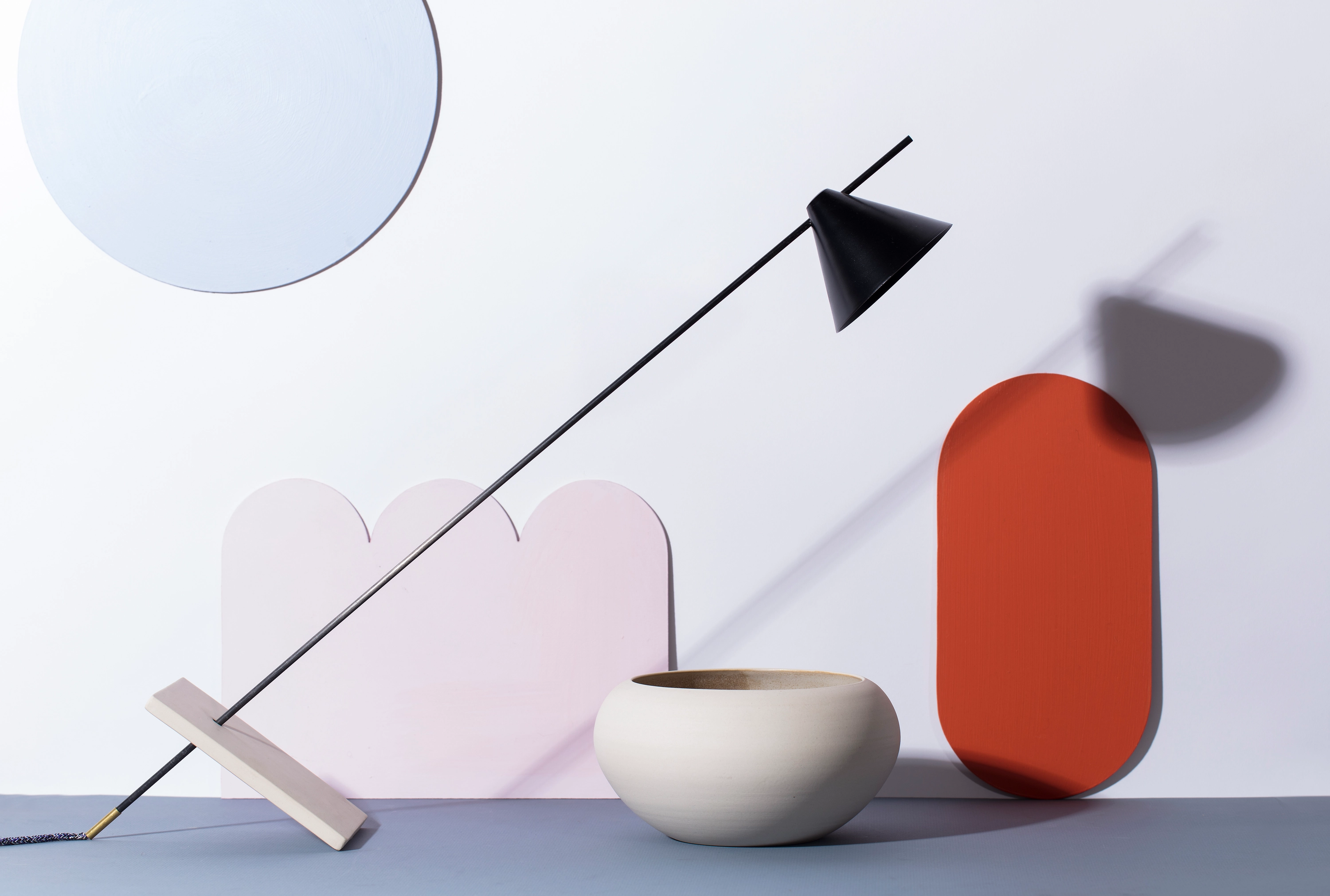 Relic #1, 2019. Featuring Peter Frank Milligan, Counterpoint Lamp, 2015, stoneware base, carbon fibre rod, spun aluminium shade & Wheel Thrown Bowl, 2016, glazed stoneware.
