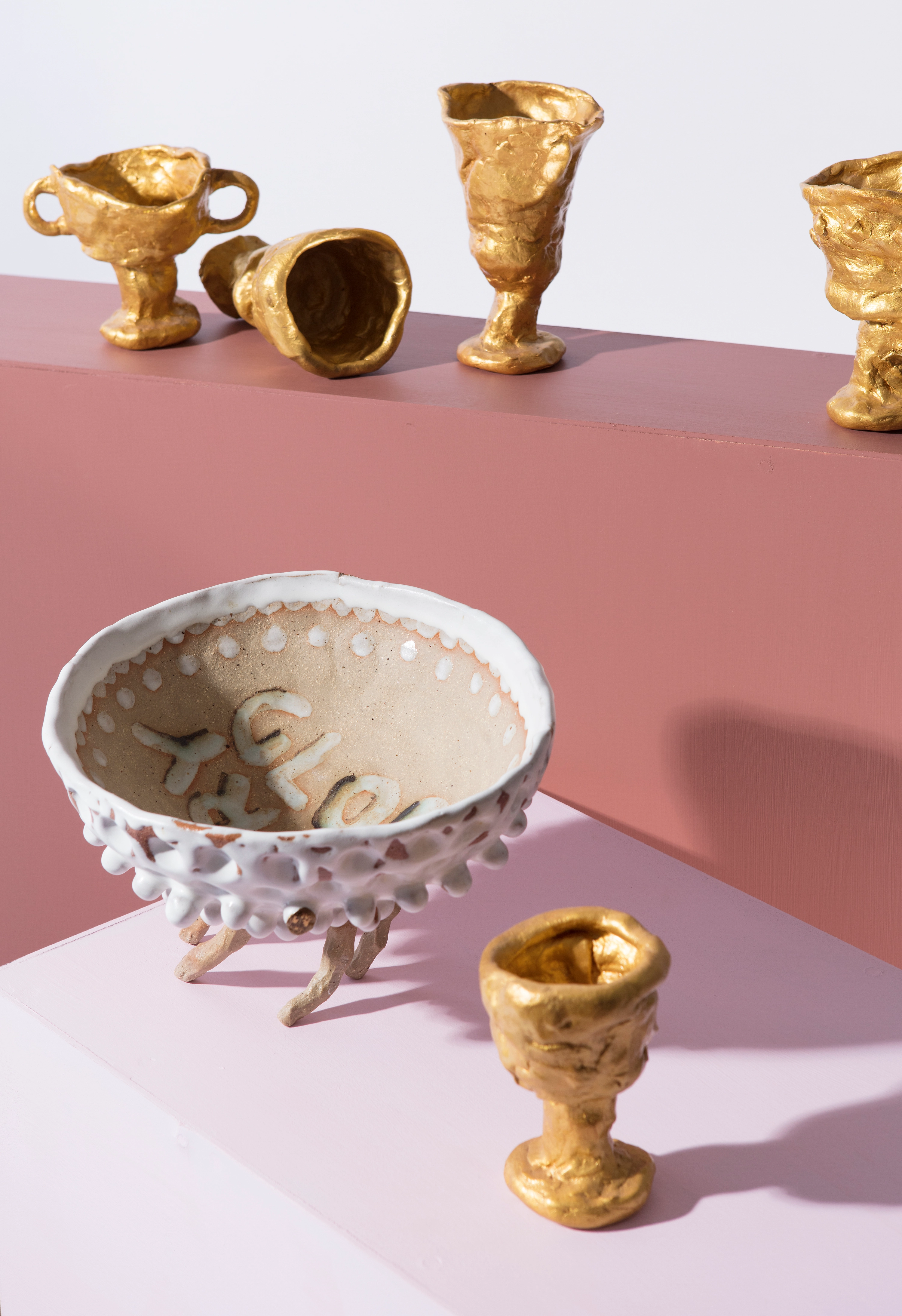 Relic #2, 2019. Featuring Clare Peake, Chalice, 2015, air-dry clay, acrylic paint; Tom Freeman, Glory Glory, 2017, glazed stoneware.