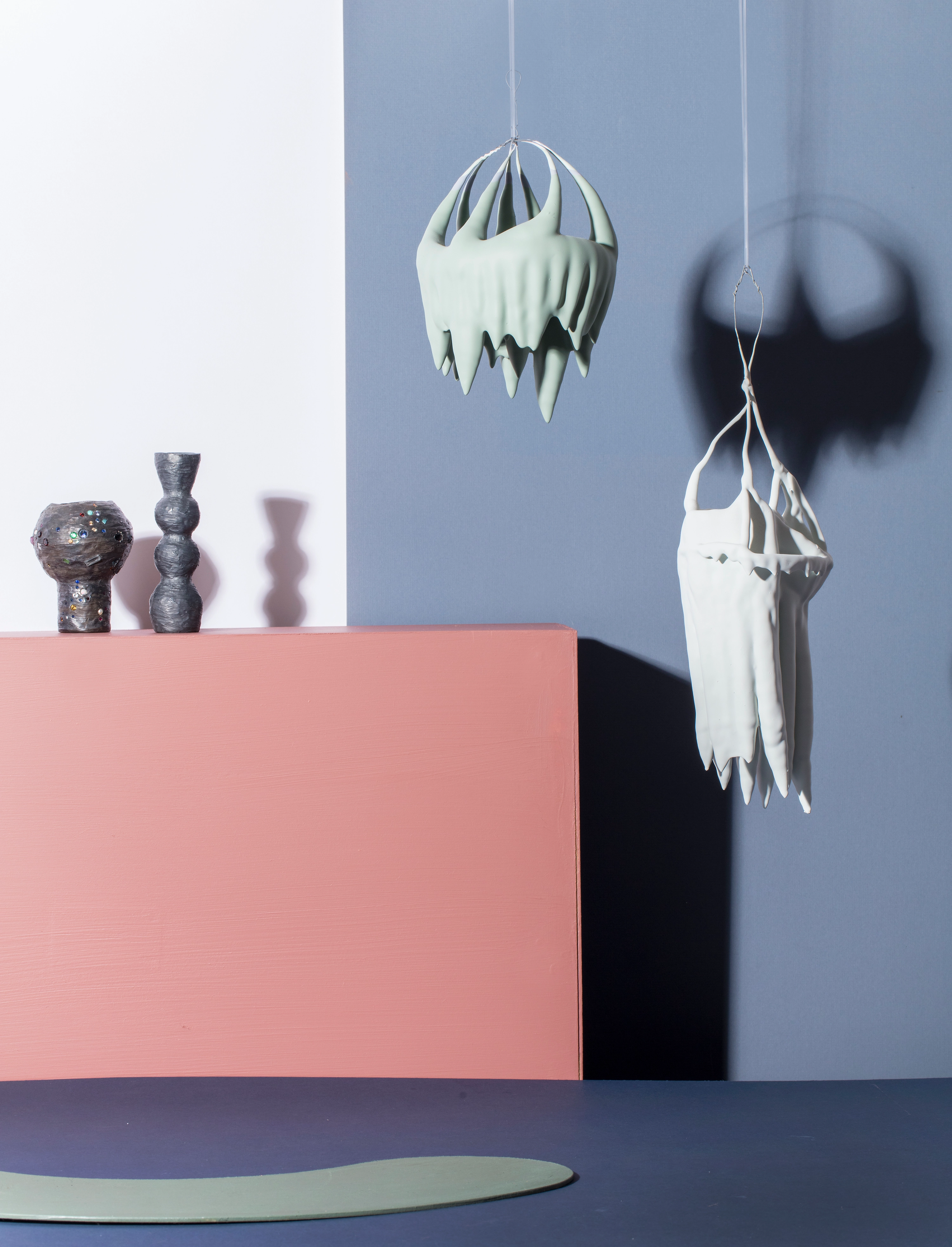 Relic #3, 2019. Featuring Rose Megirian, Great Worth, 2016, blackened sterling silver, precious/semi precious stones, fresh water & south sea pearls; Tom Freeman, Hanging Wire Dip (1 & 2), 2015, wire, acrylic paint.