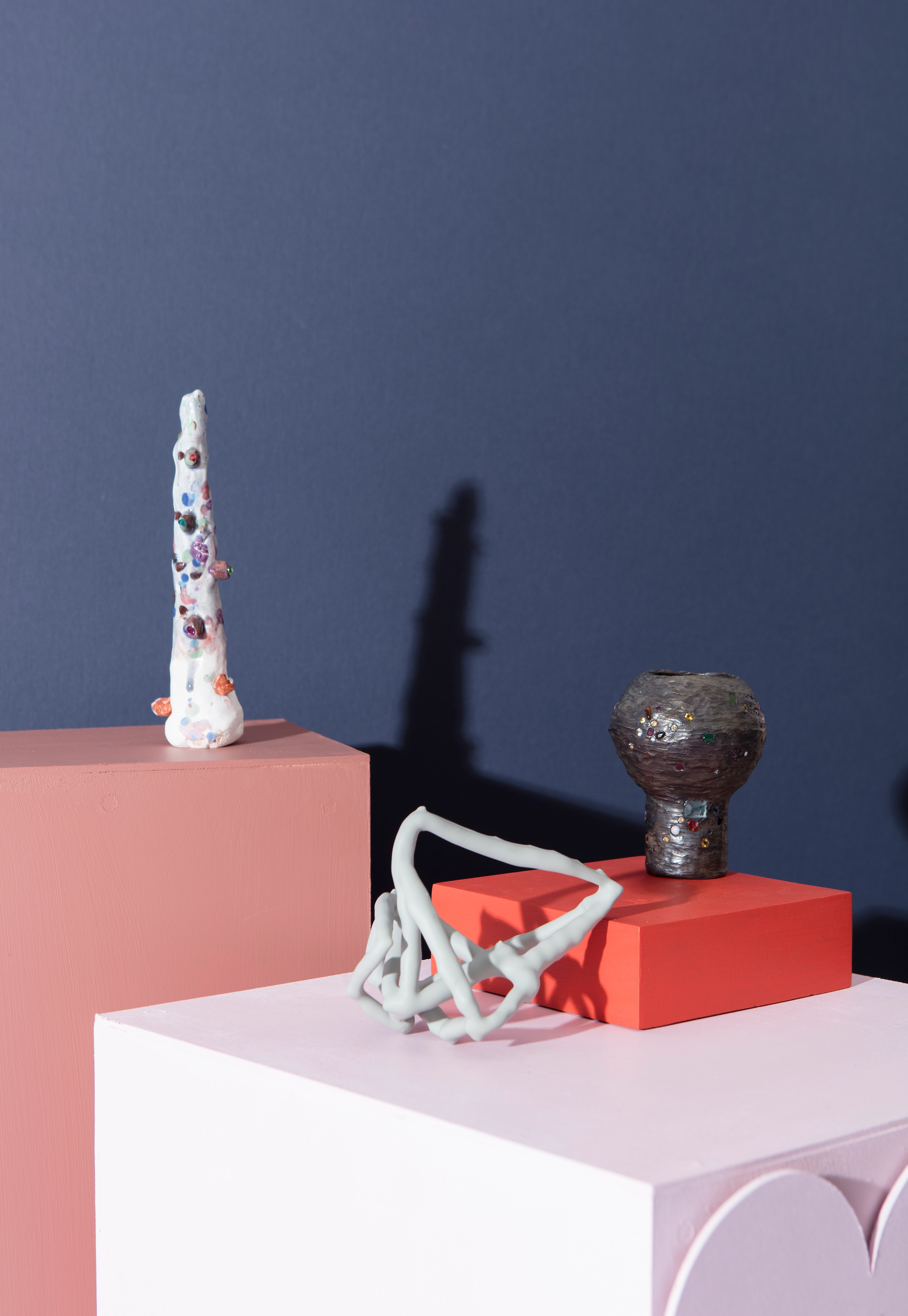 Relic #6, 2019. Featuring Tom Freeman, Shiny Knobs, 2016, glass, glue and glazed earthenware; Tom Freeman, Small Wire Dip, 2016, wire, acrylic paint; Rose Megirian, Great Worth, 2016, blackened sterling silver, precious/semi precious stones, fresh water & south sea pearls.